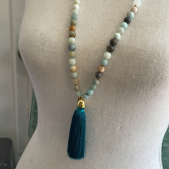 Gemstone and teal tassel statement necklace - Picture 2 of 5